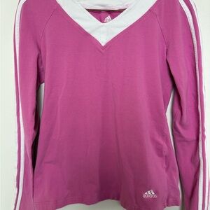 adidas Women's Magenta V-Neck Long Sleeve Athletic Top with White Trim